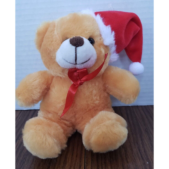 Plush Orange Small 6 Inch Santa Holiday Teddy Bear With Bow and Red Hat - Picture 1 of 5